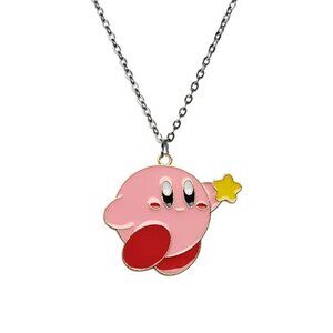 Kirby with Star Pendant Video Game Theme Necklace Silver Chain Kawaii